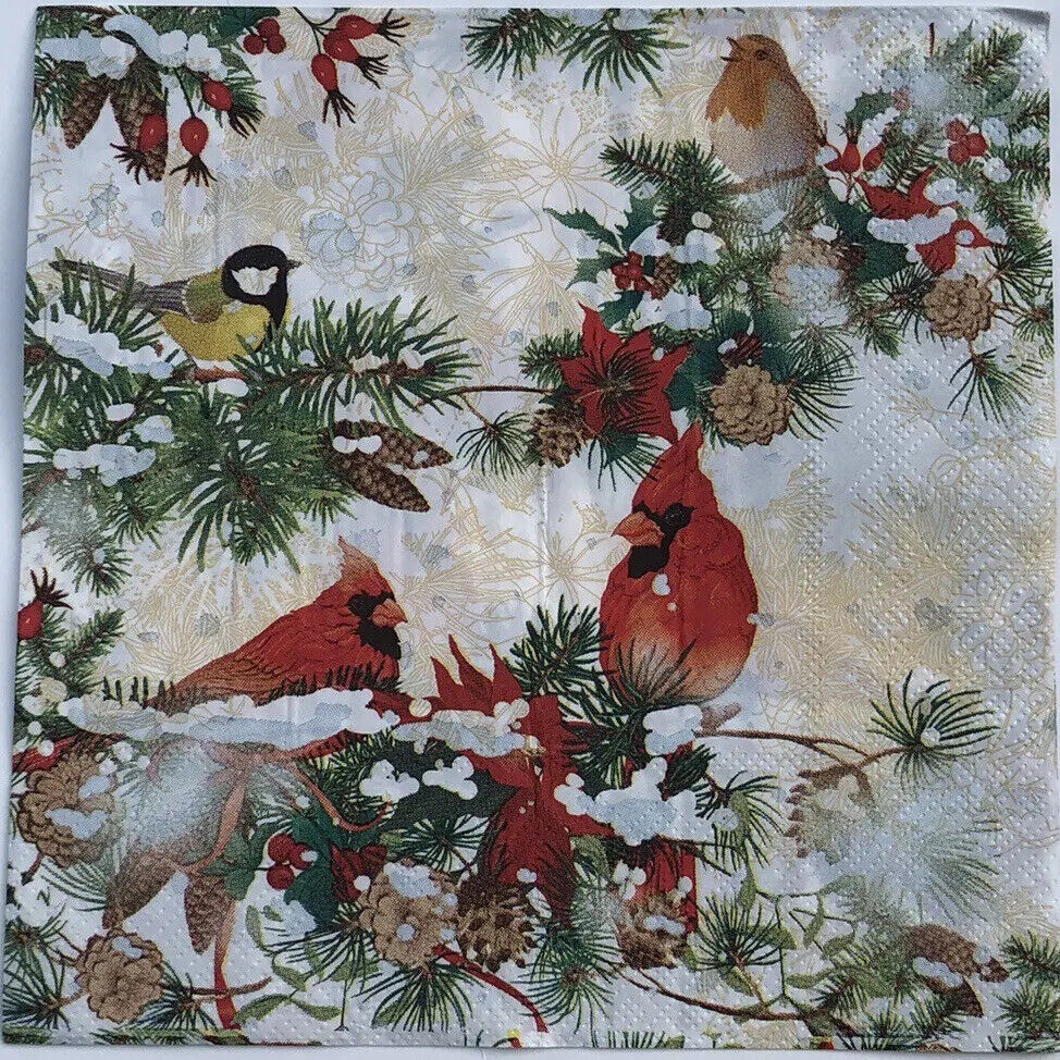 two Individual Christmas Luncheon decoupage Paper napkins Winter Bird Cardinals