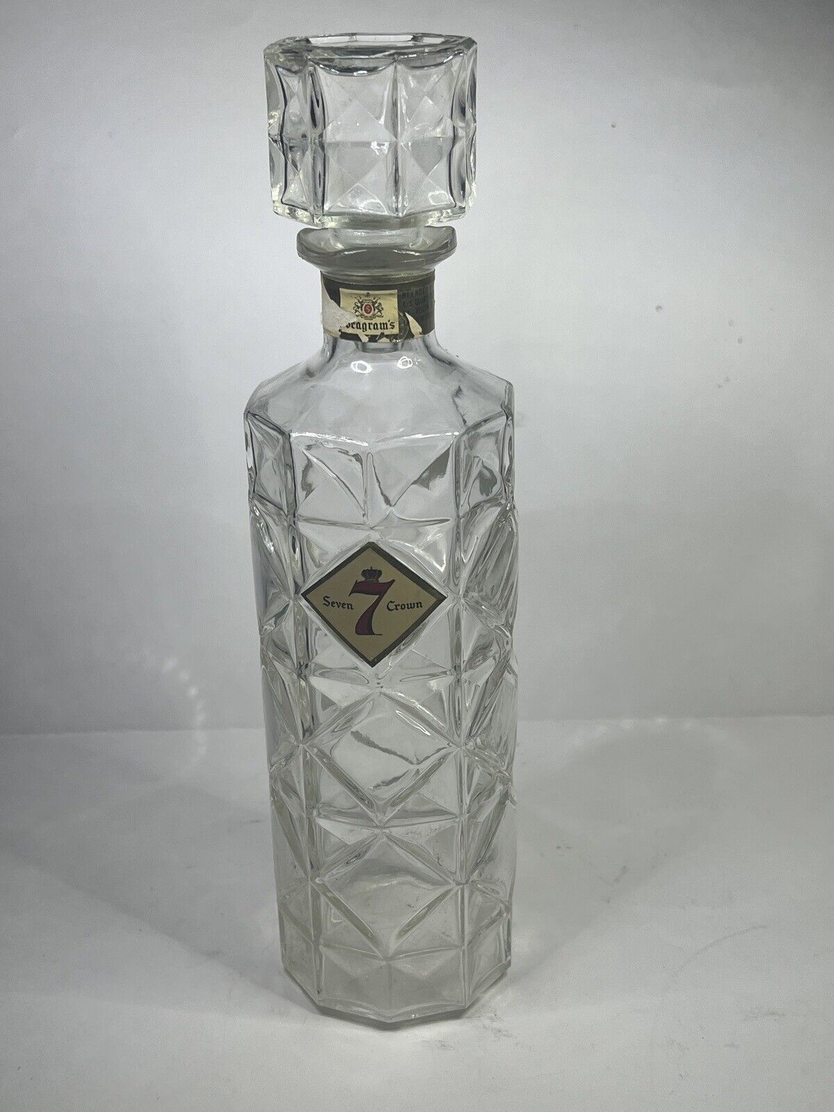 Vintage Seagram\'s Seven 7 Crown Glass Bottle Decanter Cork Stopper Mid Century