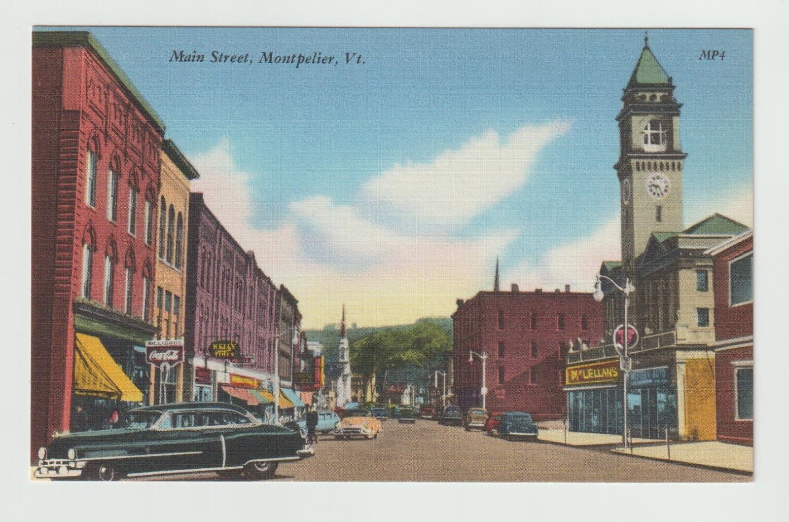 Main Street Montpelier Vt Vermont Linen Postcard Clock Tower City View
