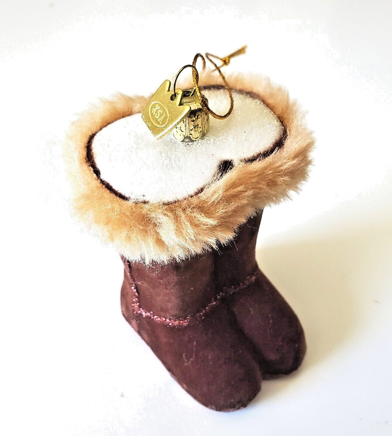 Christmas Ornament Glass Boots Brown Suede Look Faux Fur  KSA 3 In.