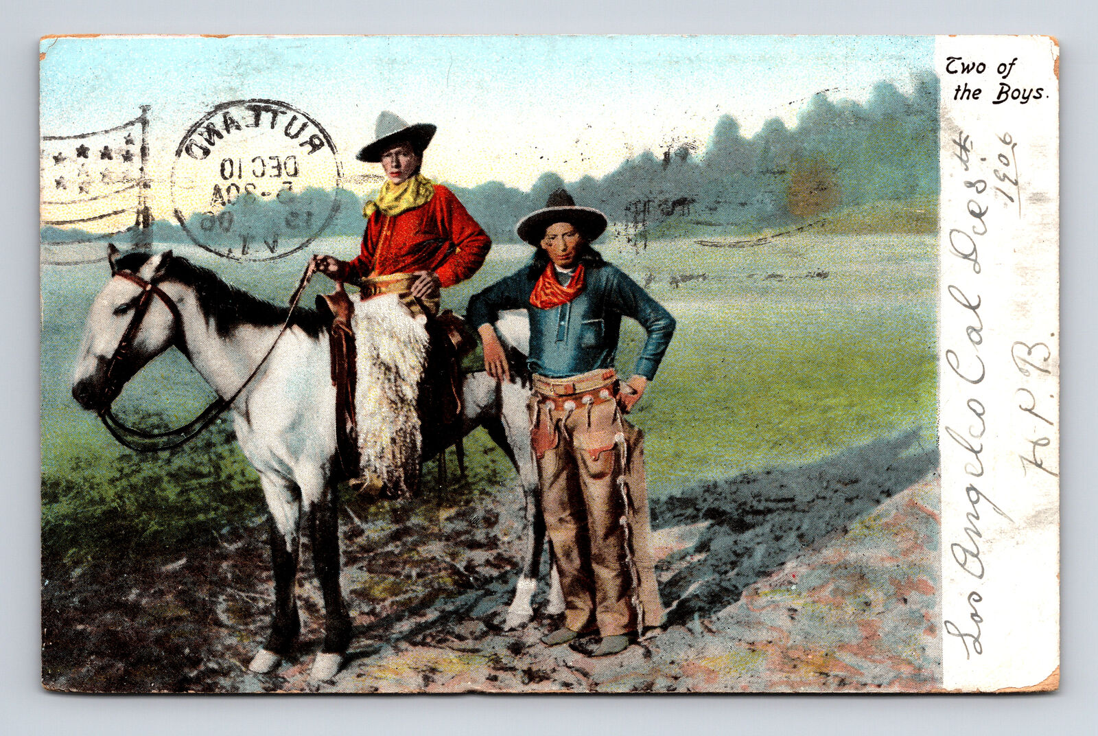 c1906 Two of the Boys Native American Indian Wooly Chaps Horse Western Postcard