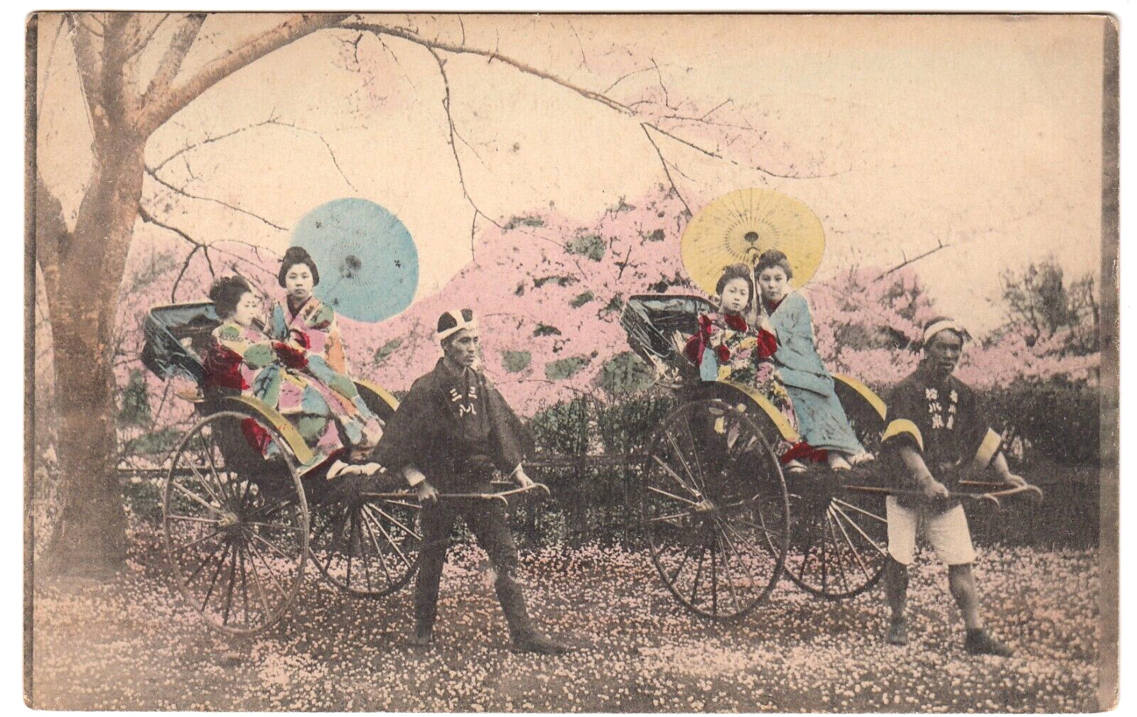 c1910 Nagasaki Japan~ Ladies w Umbrellas on Rickshaws~ Vintage Tinted Postcard