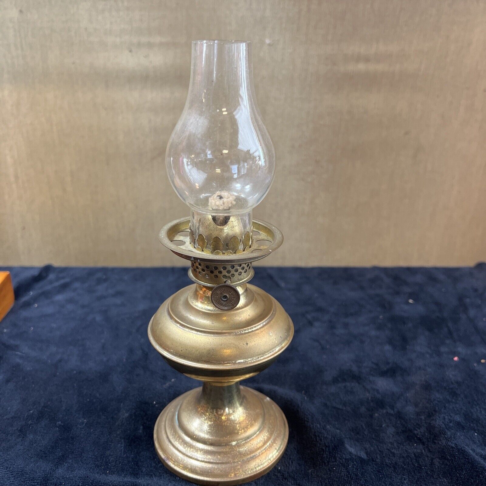 Antique Nutmeg  England Brass Oil Lamp Diminutive Unused Burner Hurricane