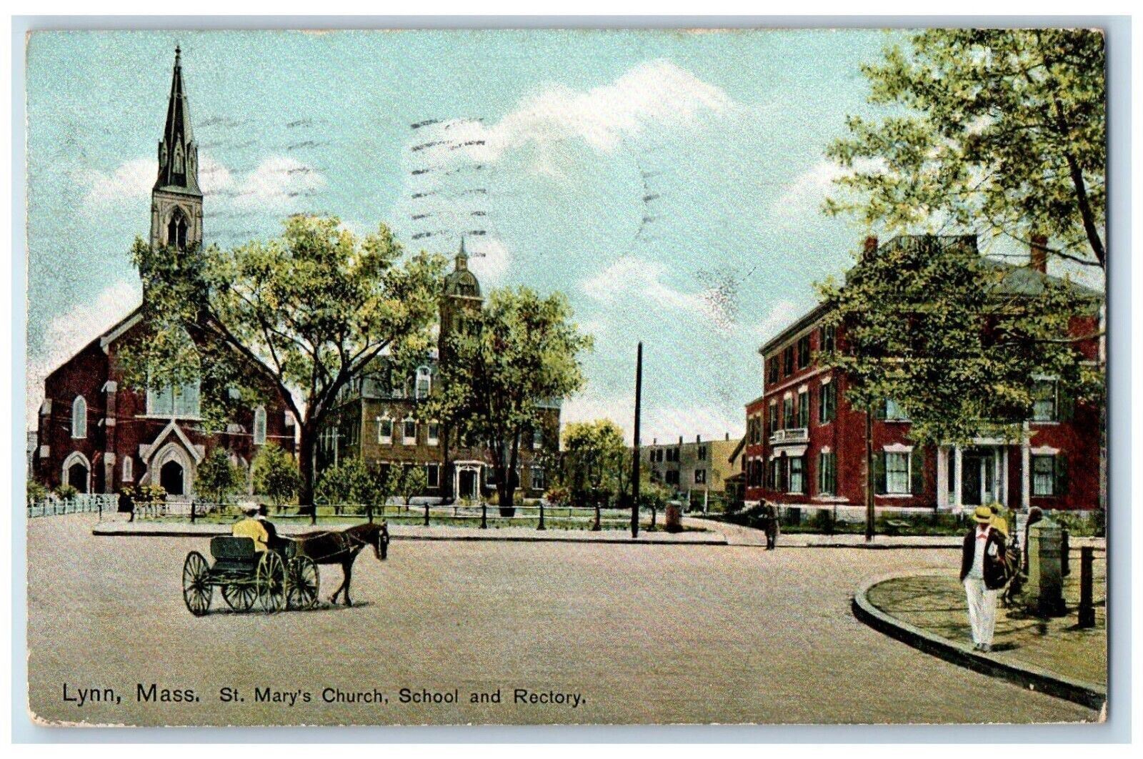 1909 Lynn MA, St. Mary\'s Church School And Rectory Horse And Buggy Postcard