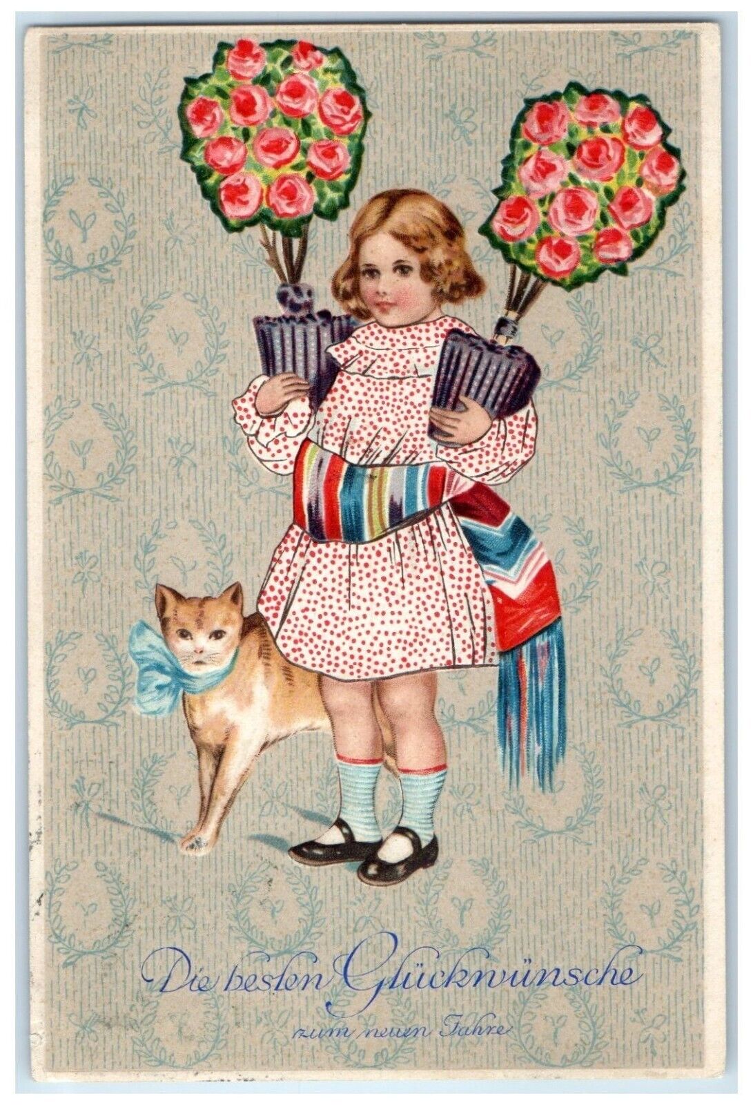 c1910's Best Wishes Germany Girl Holding Roses Flowers In Pot Cat Postcard