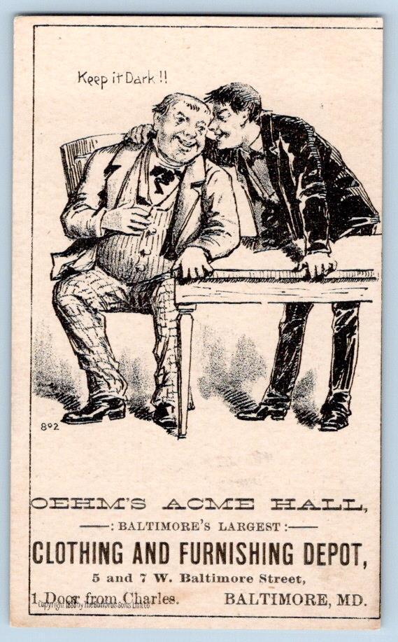 1880's BALTIMORE MD OEHM'S ACME HALL CLOTHING PRICE LIST VICTORIAN TRADE CARD