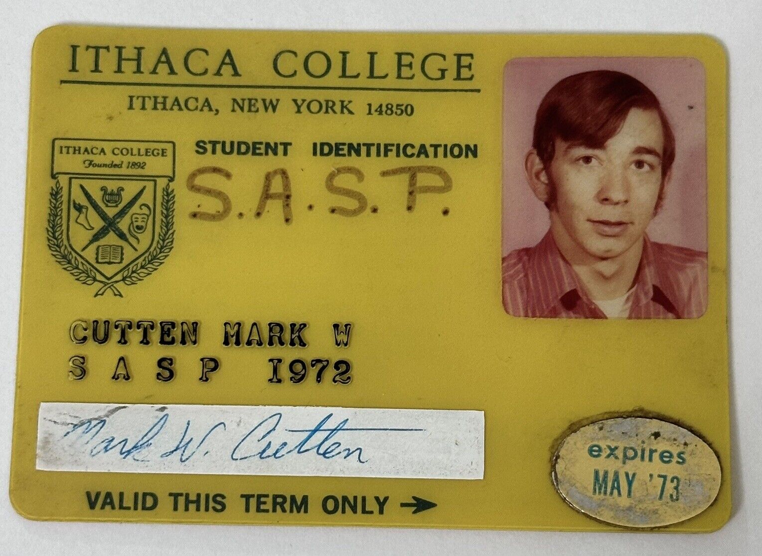 1972 Ithaca College Ithaca, New York Expired Obsolete Plastic Student Id Card