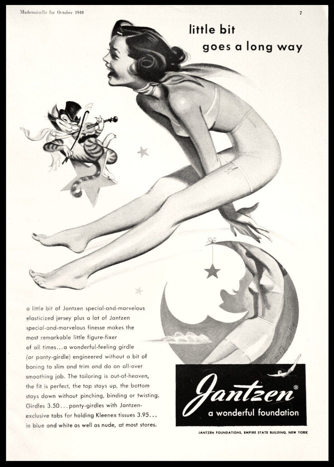 1949 JANTZEN Girdle Lingerie Woman Jumping Over Moon Vtg PRINT AD