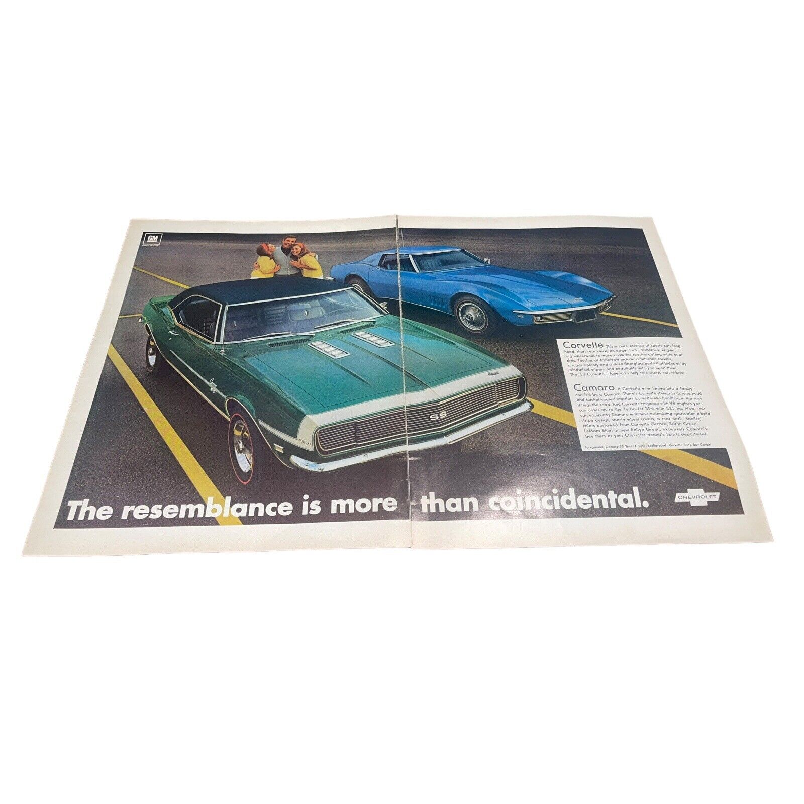 Vintage 1968 Corvette Camaro Automobiles Print Ad 22.5” X 13.5” C.05