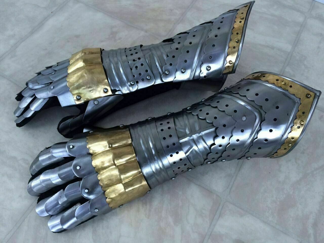 Medieval Gauntlet Gloves Armor Pair Accents Knight Crusader Steel x-mas