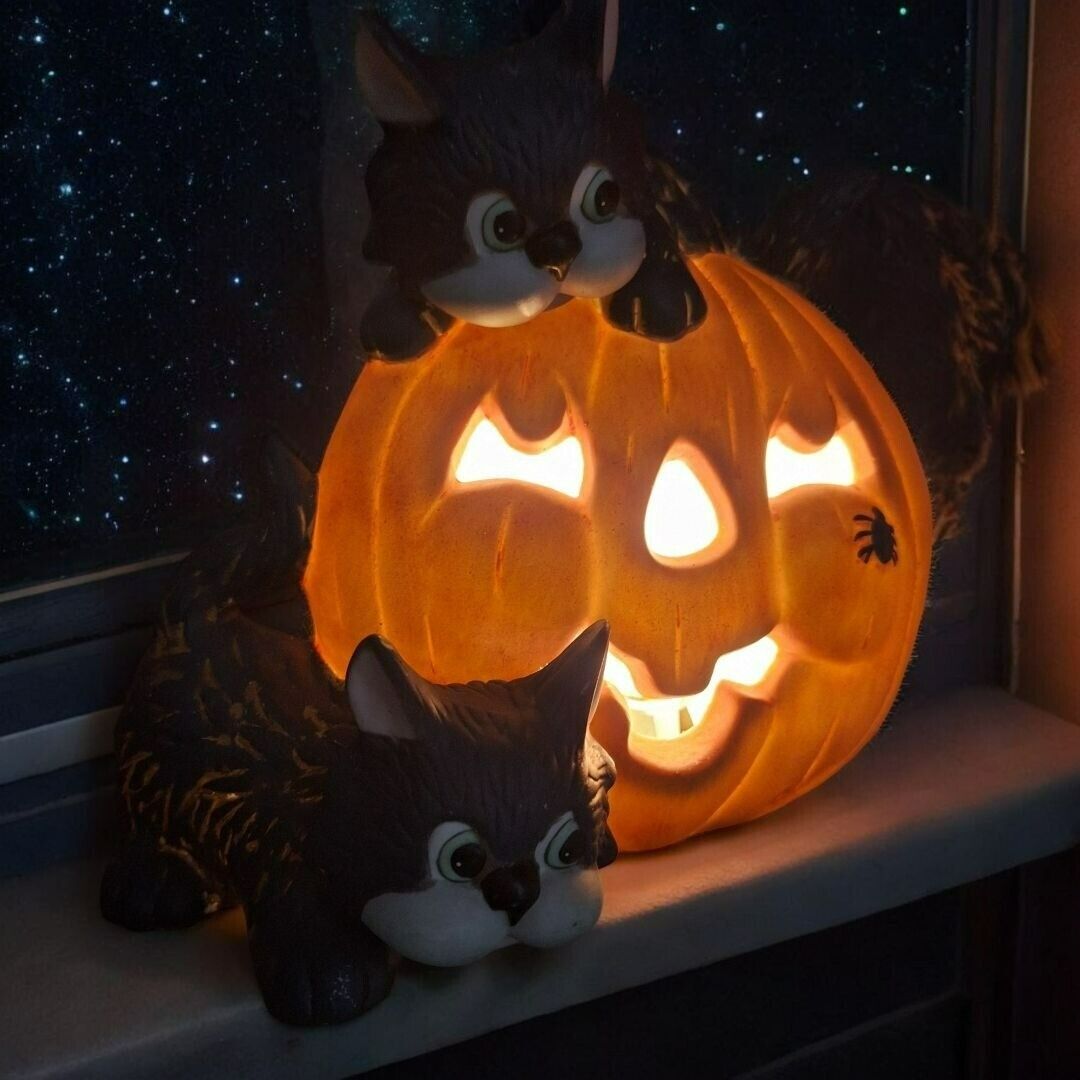 Ceramic Cat Pumpkin Light Up Painted Vintage Kitten Halloween Jack O Lantern Fal