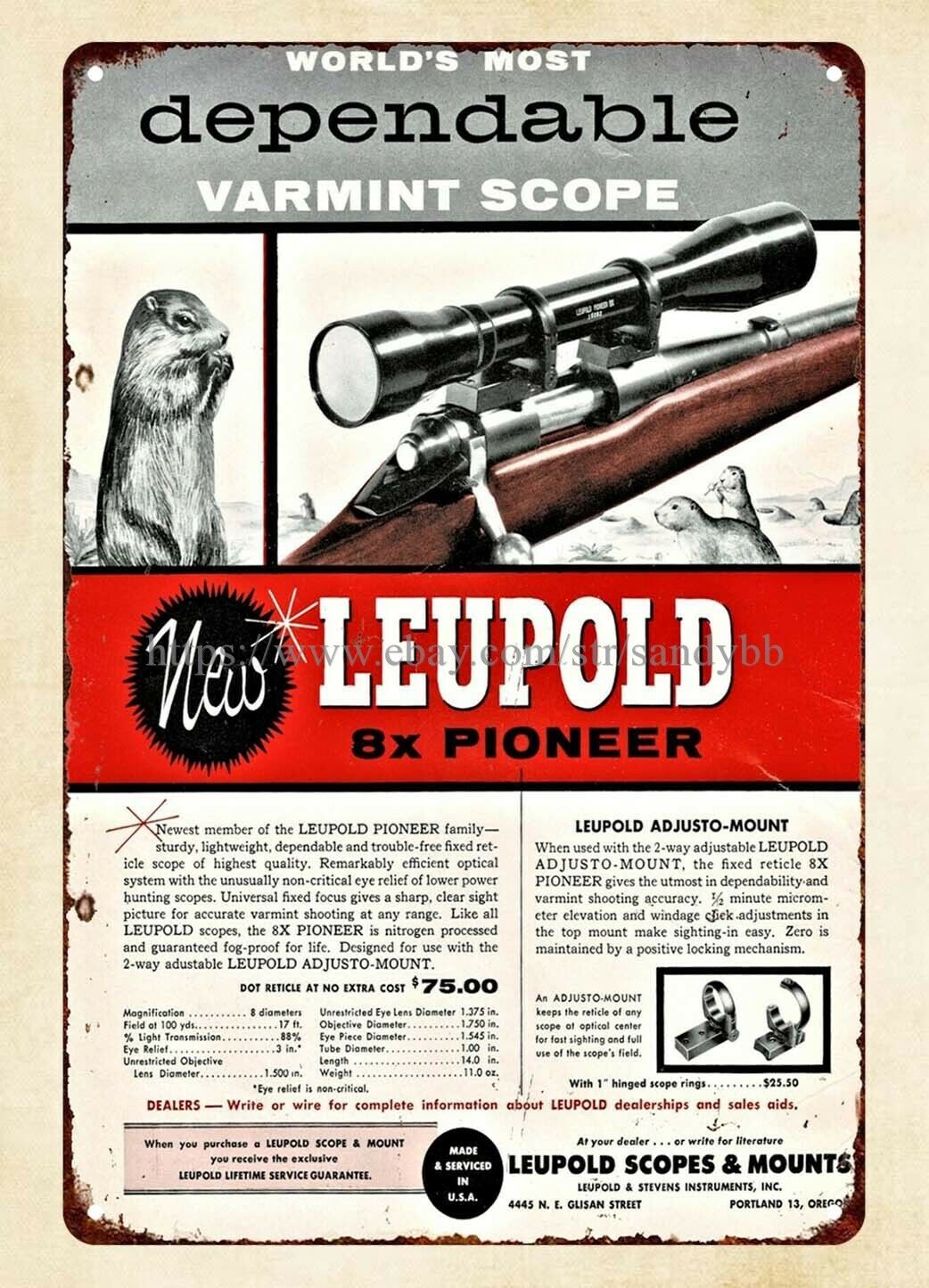 1955 firearm Rifle LEUPOLD 8x Pioneer Varmint Scope metal tin sign home decor