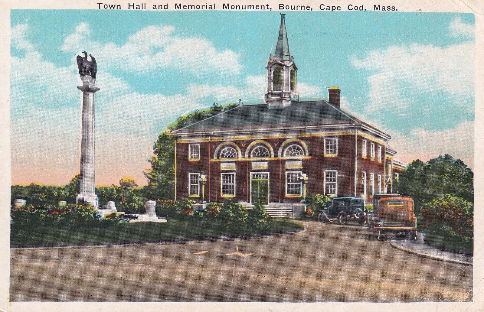 Postcard MA Bourne Cape Cod Massachusetts Town Hall Memorial Monument H2