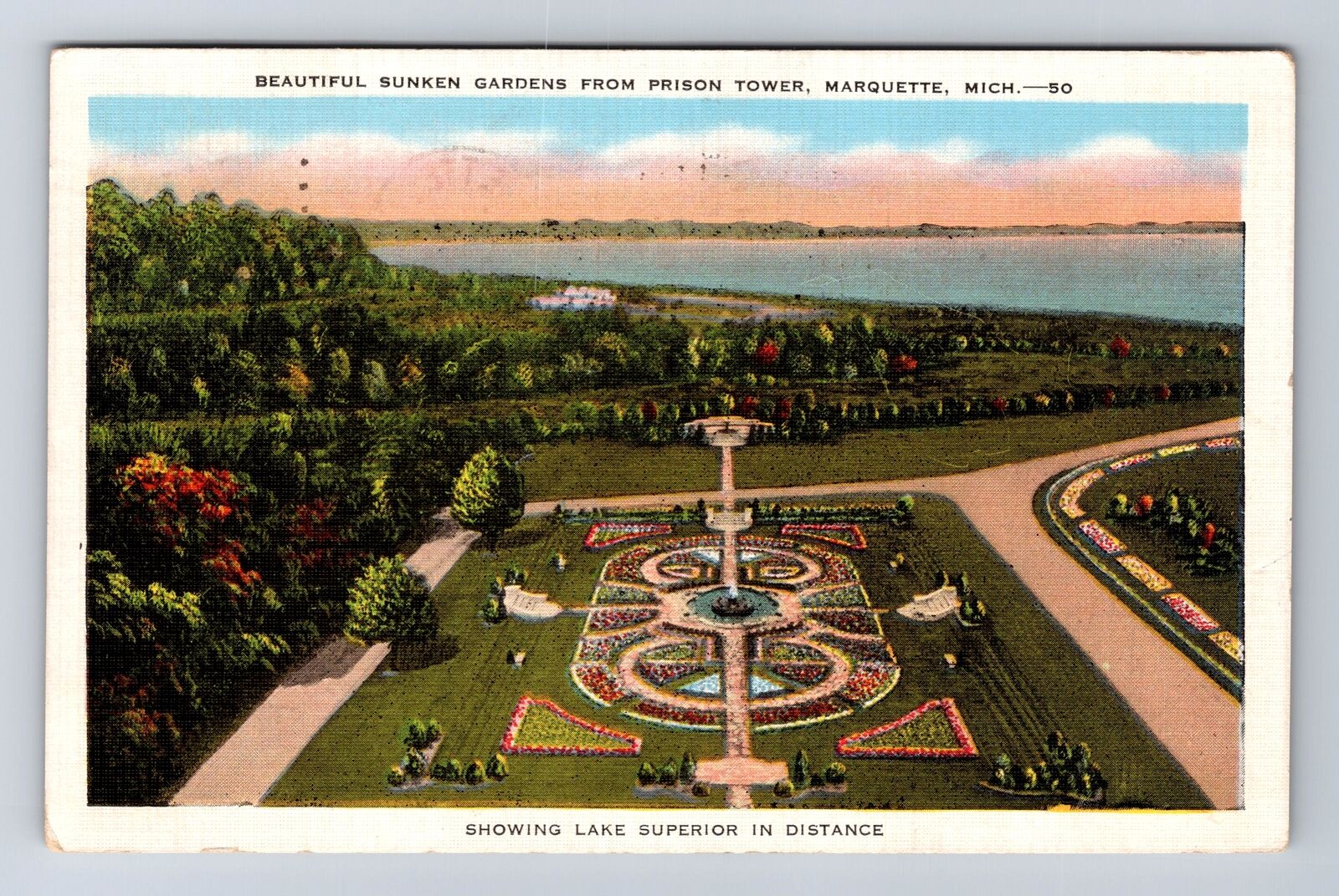 Marquette MI-Michigan, Beautiful Sunken Gardens, Antique Vintage Postcard