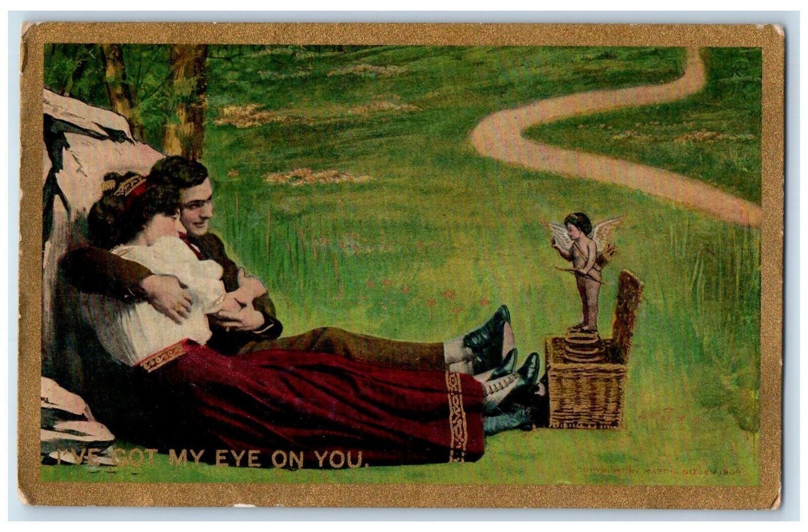 c1910's A Sweet Couple Hugging Romance Cupid Unposted Antique Postcard