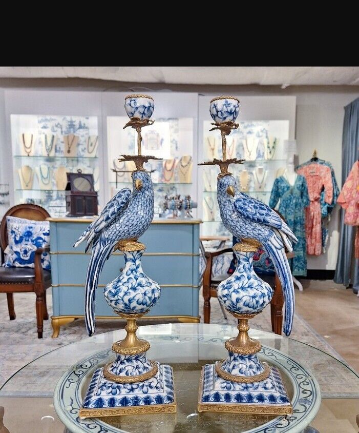 Stunning Parrot Porcelain,Bronze Ormolu Candlesticks-Candle Holders Pair-19\'\'H