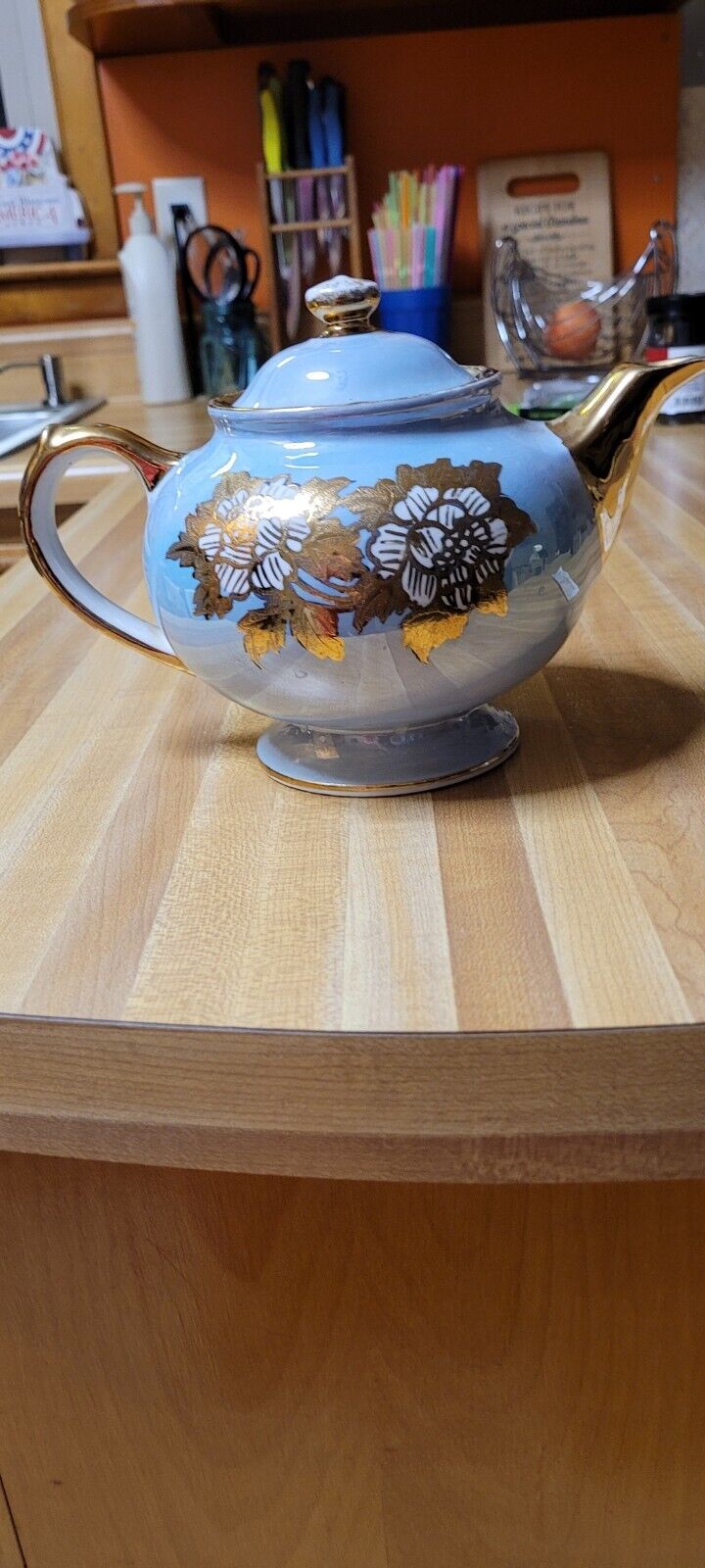 Gibson and Sons teapot English Staffordshire blue glaze with gold leaf overlay