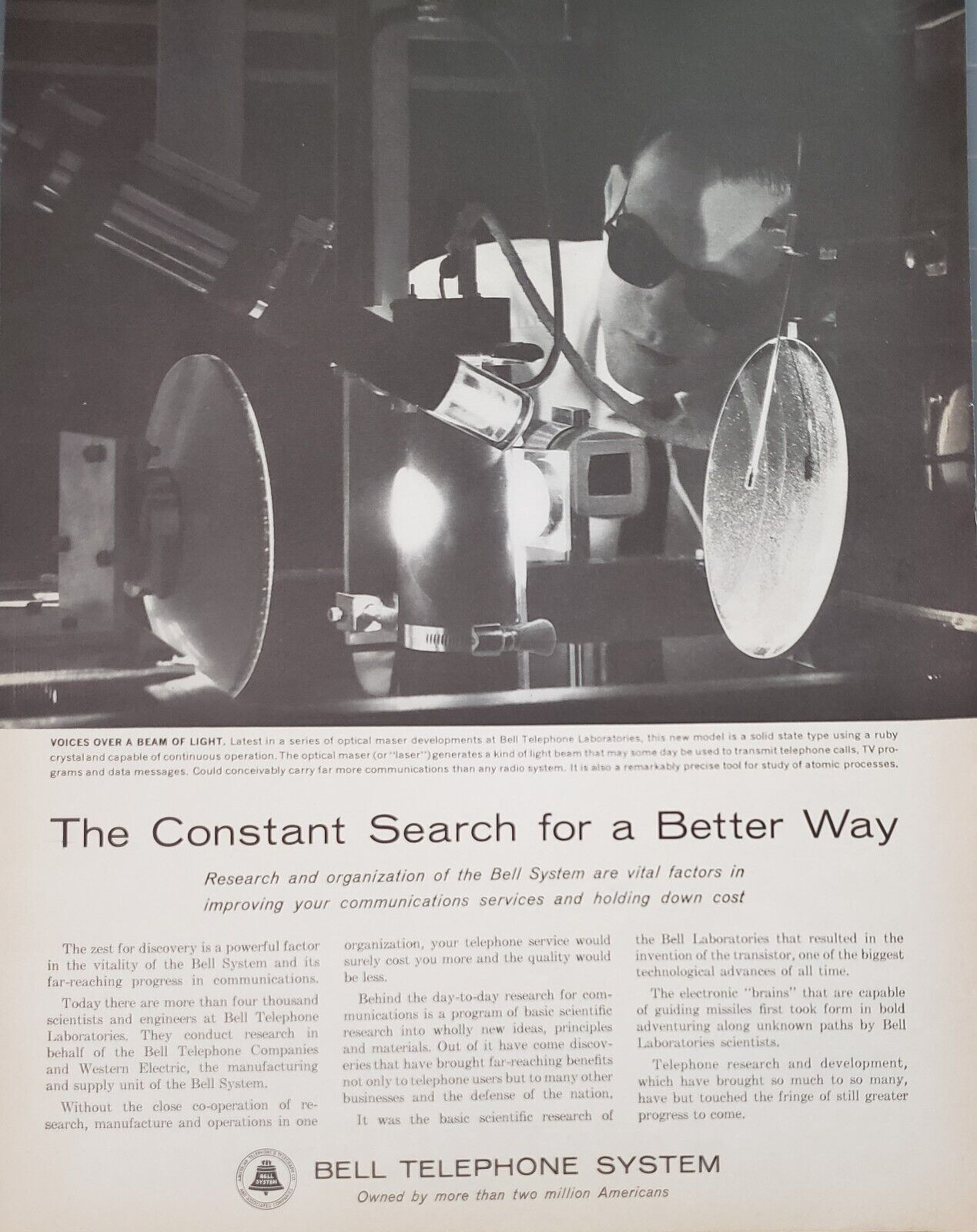1962 Bell Telephone System Optical Maser Developments Vintage Print Ad