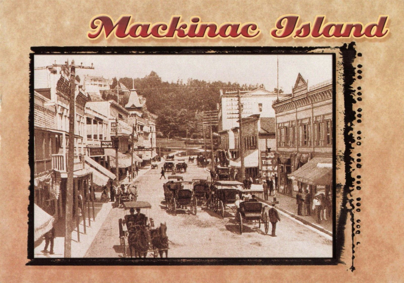 Mackinac Island MI, Main Street c1910 Horses Carriages Shops, Vintage Postcard