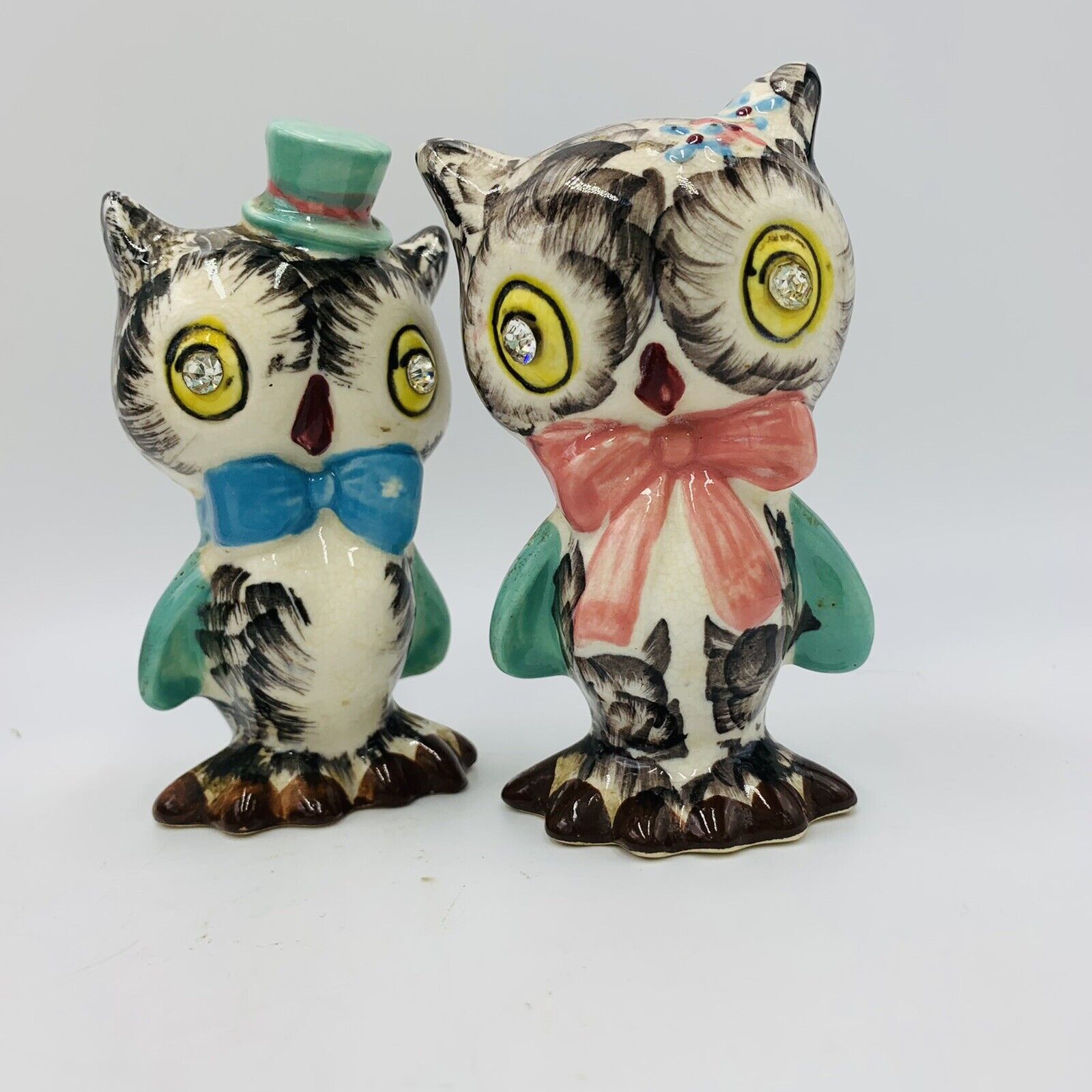 VTg OWL SALT AND PEPPER SHAKERS Anthropomorphic Rhinestone Norcrest Japan Kitsch