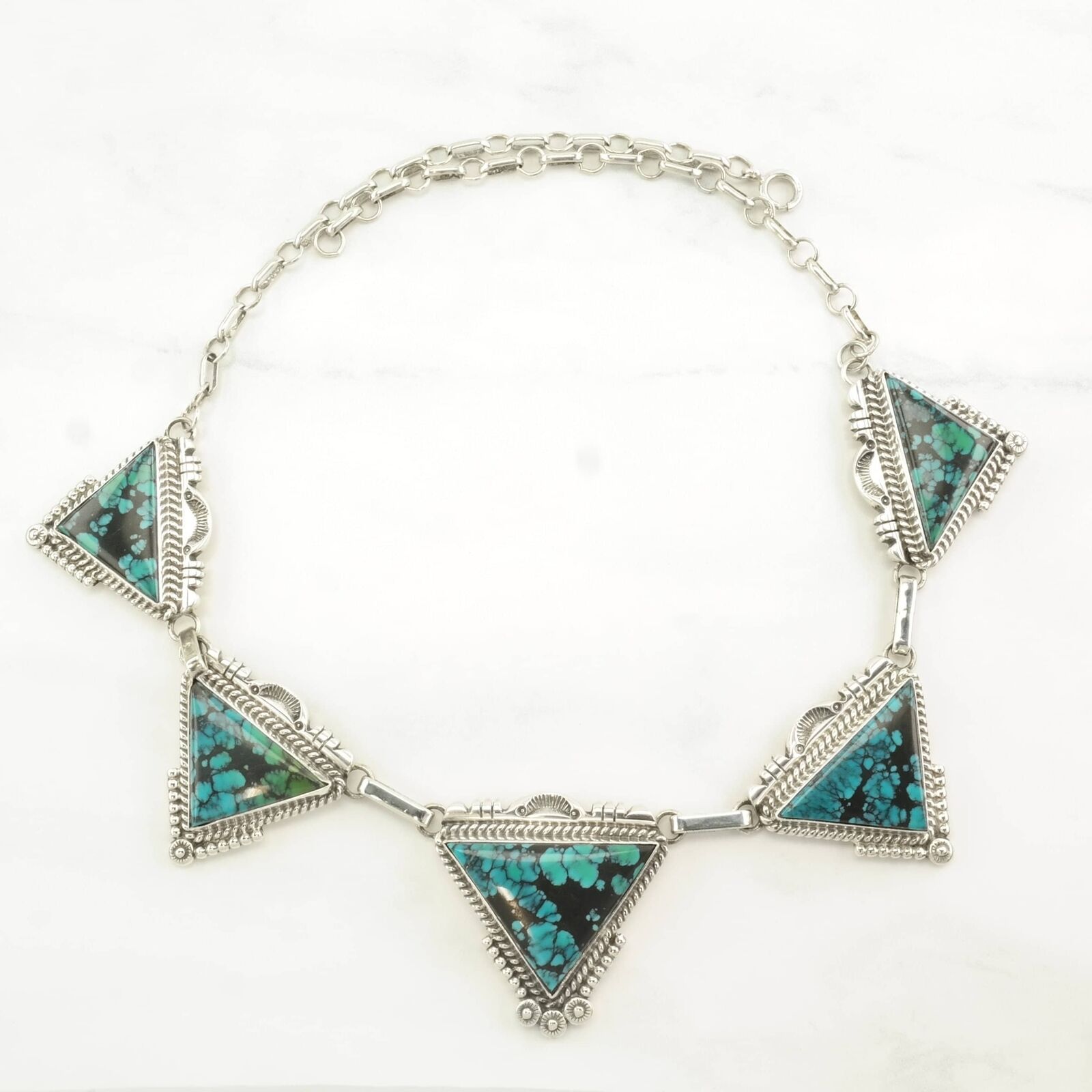 Vintage Native American Sterling Silver Blue Spiderweb, Turquoise Necklace