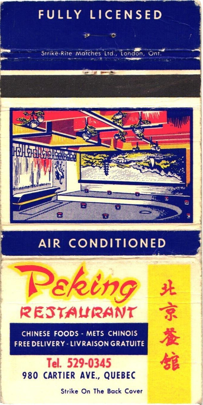 Peking Restaurant Chinese Foods, Quebec, Canada Vintage Matchbook Cover