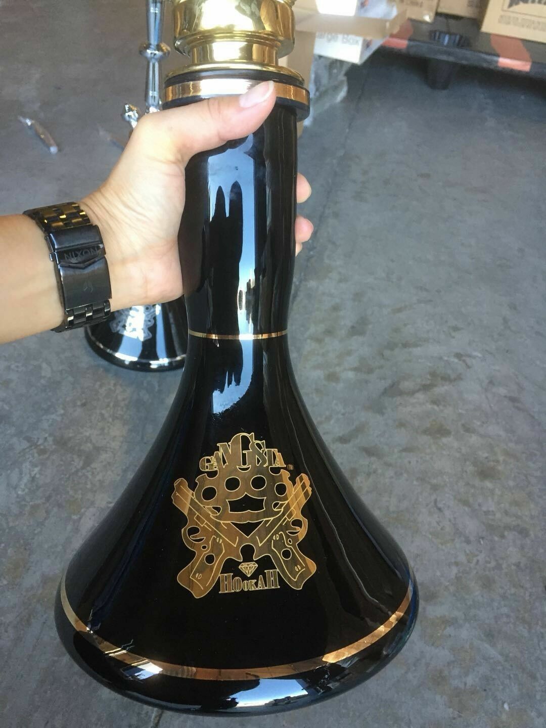 INHALE®10''H Hand Blown Crystal Glass  Hookah Vase With 24K Gold Logo & Triming