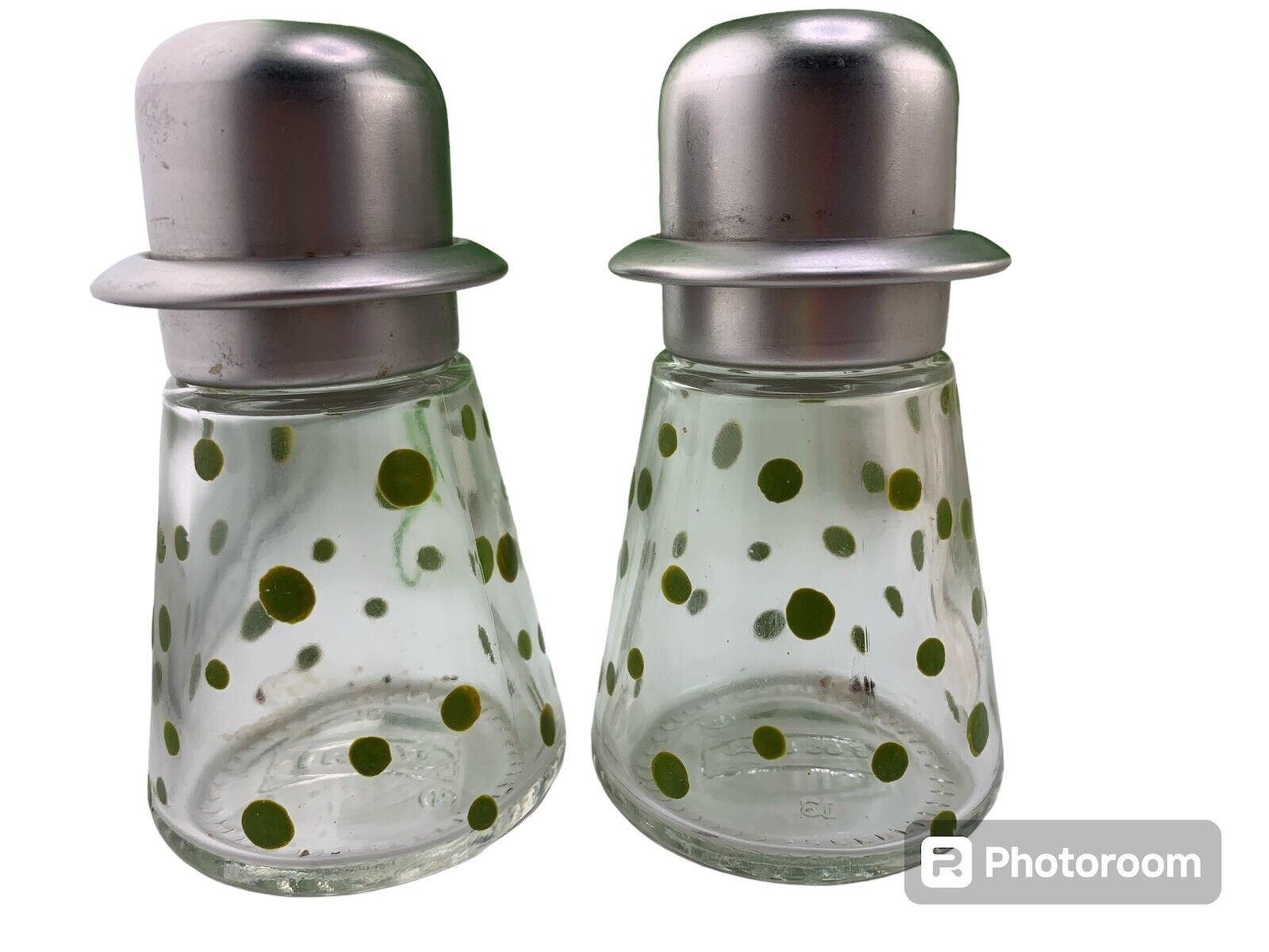 Vintage IKEA Green Polka Dot Glass Salt & Pepper Shakers 
