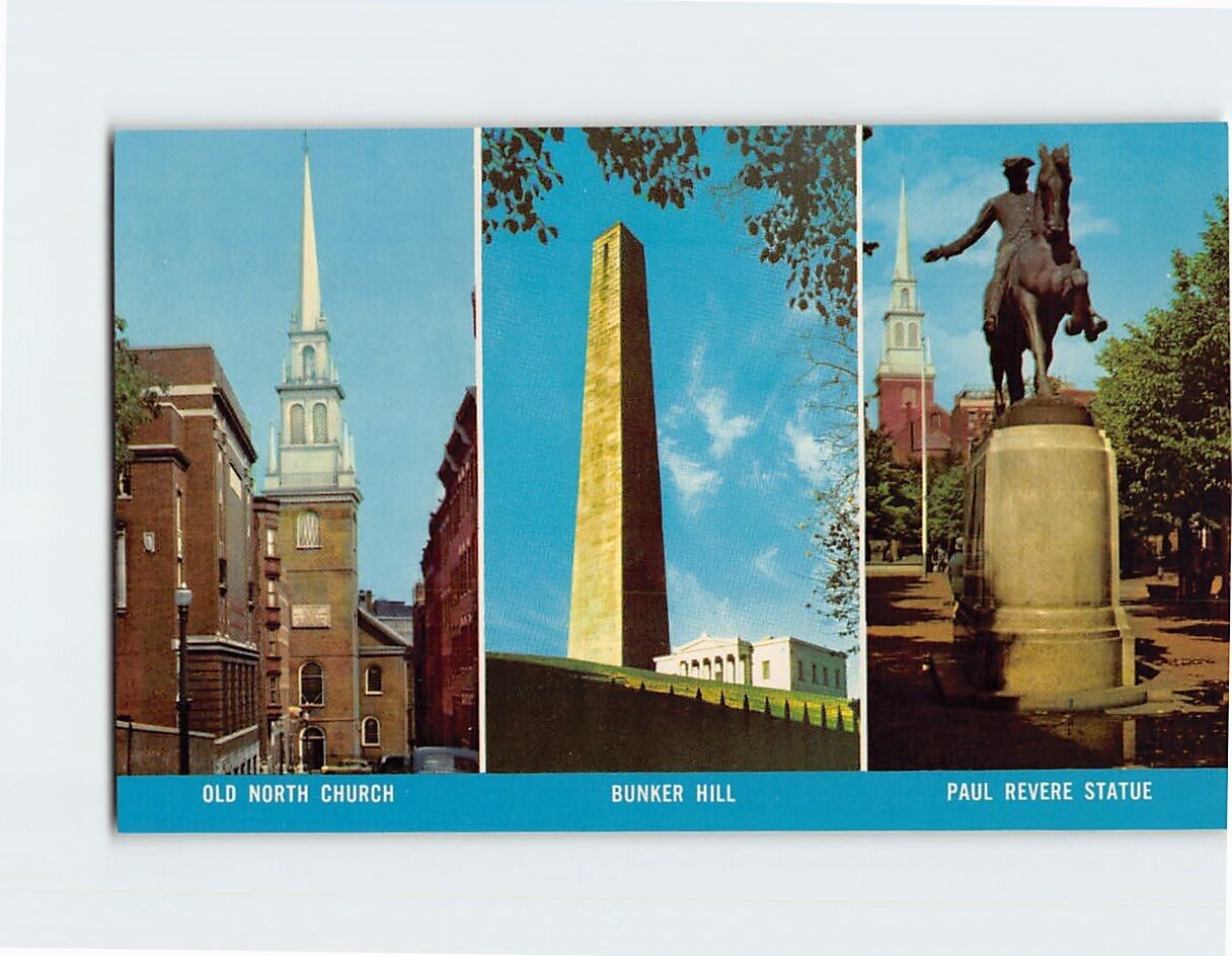 Postcard Old North Church, Bunker Hill & Paul Revere Statue Boston Massachusetts