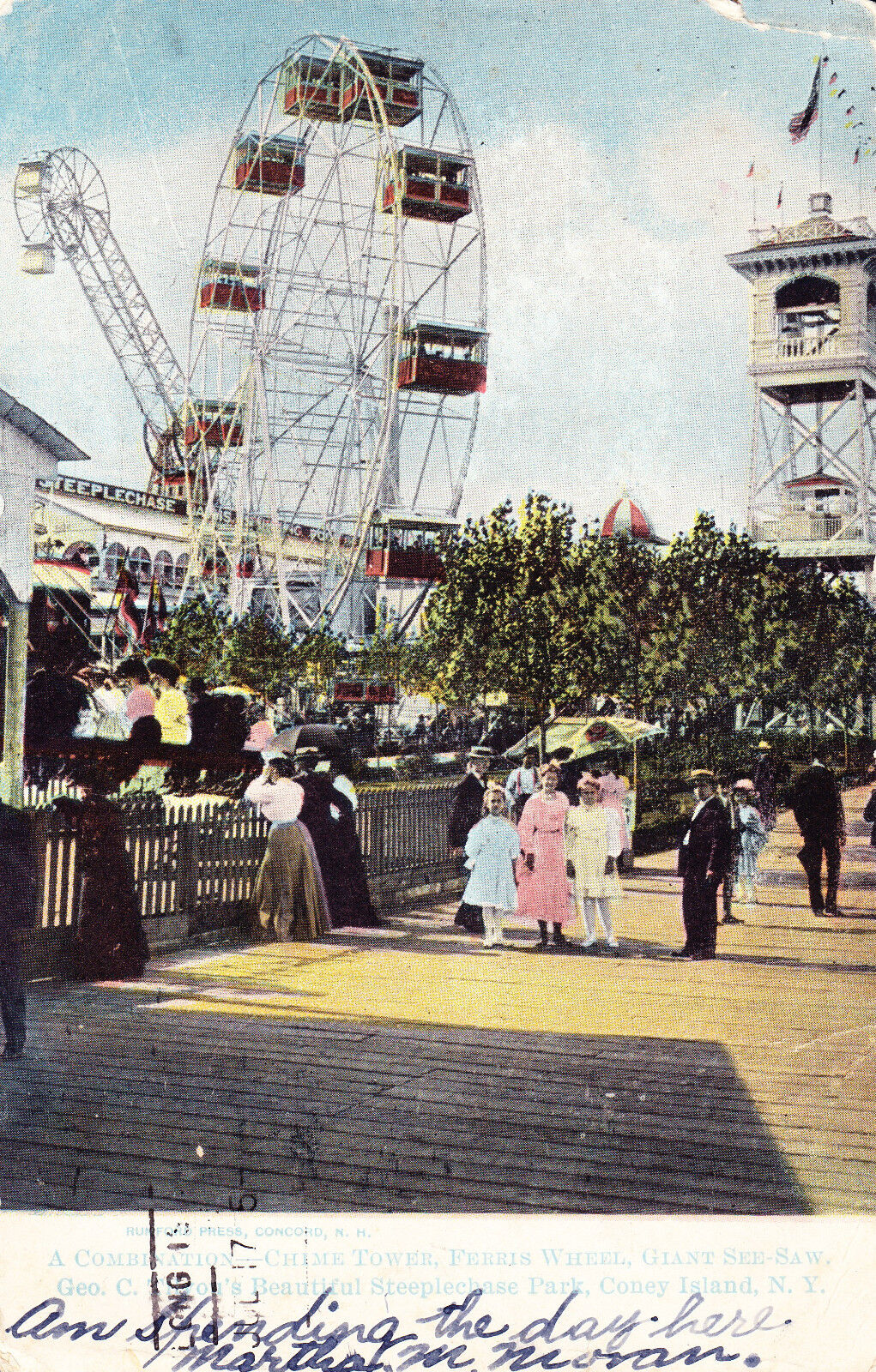 Antique 1907 Postcard, Steeplechase Park, Chime Tower, See Saw, Ferris Wheel C22