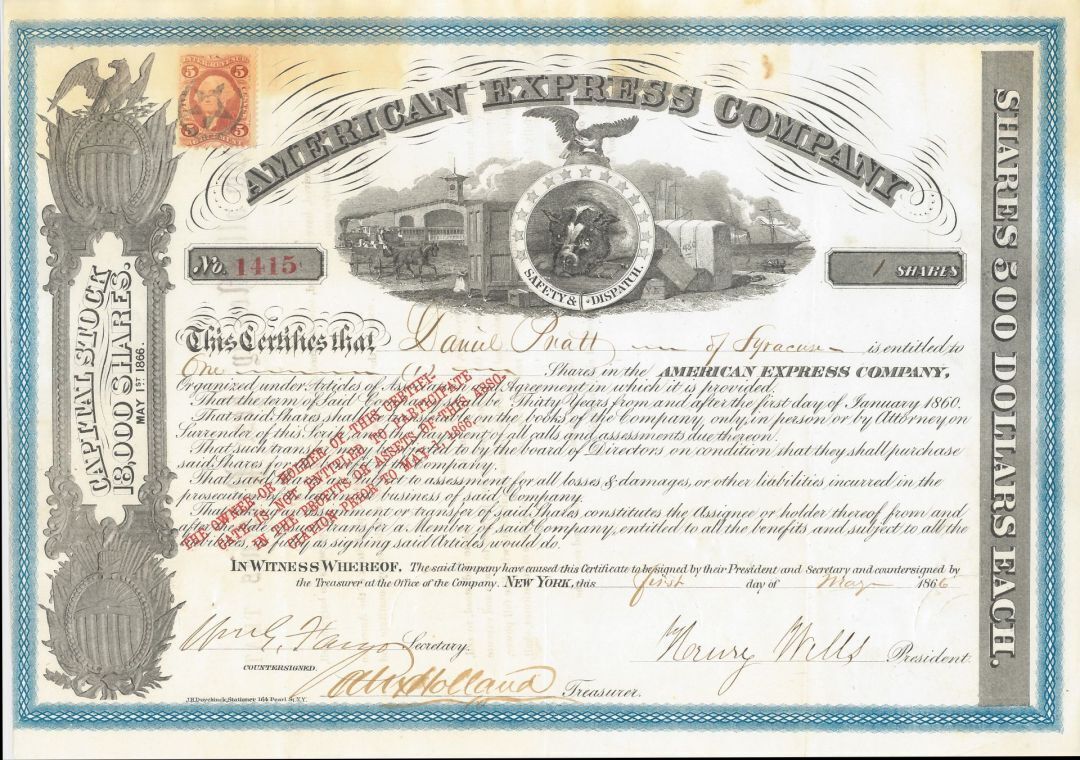 American Express Co. signed by Henry Wells and James C. Fargo - 1860's dated Exp