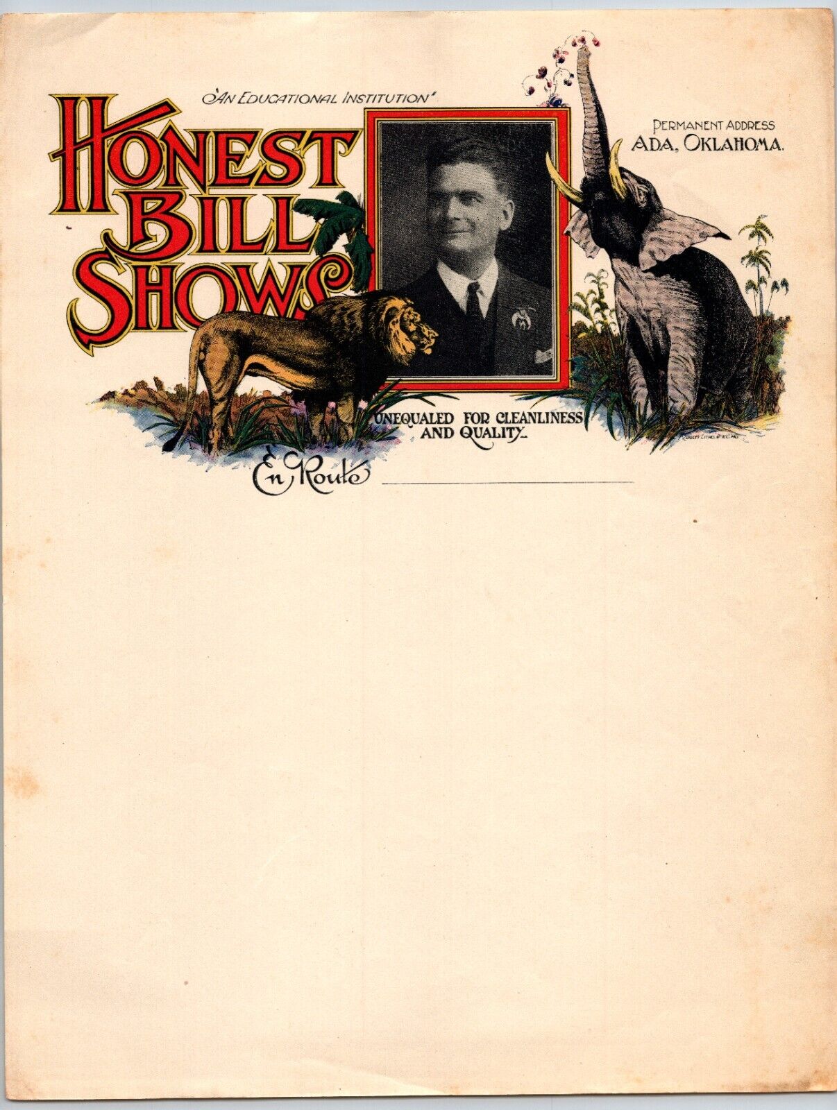 Honest Bill Shows Circus Letterhead 1937 Ada, OK Elephant Scarce