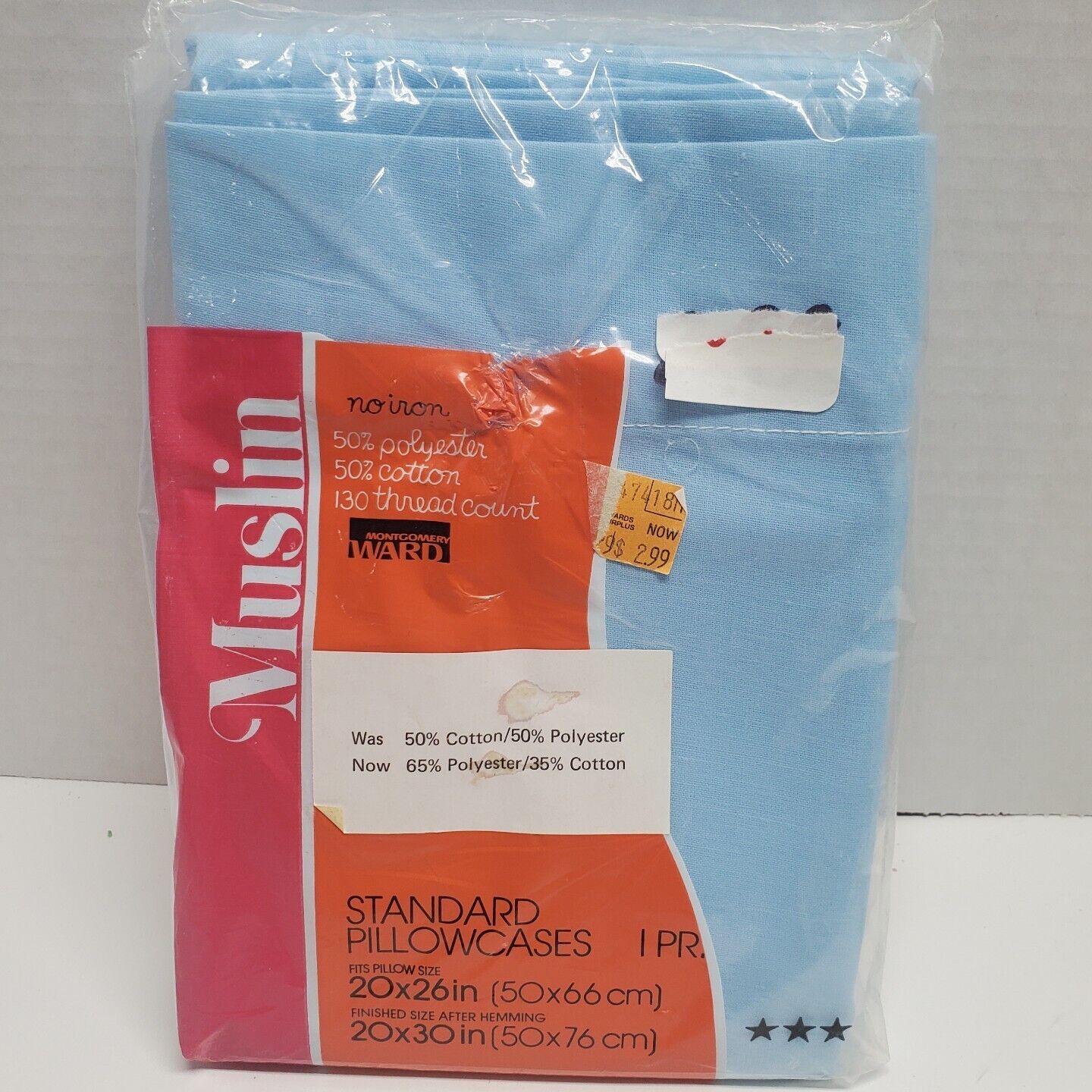 Vtg Montgomery Ward Muslin Cotton Standard Pillowcases Light Blue 2-pack NOS