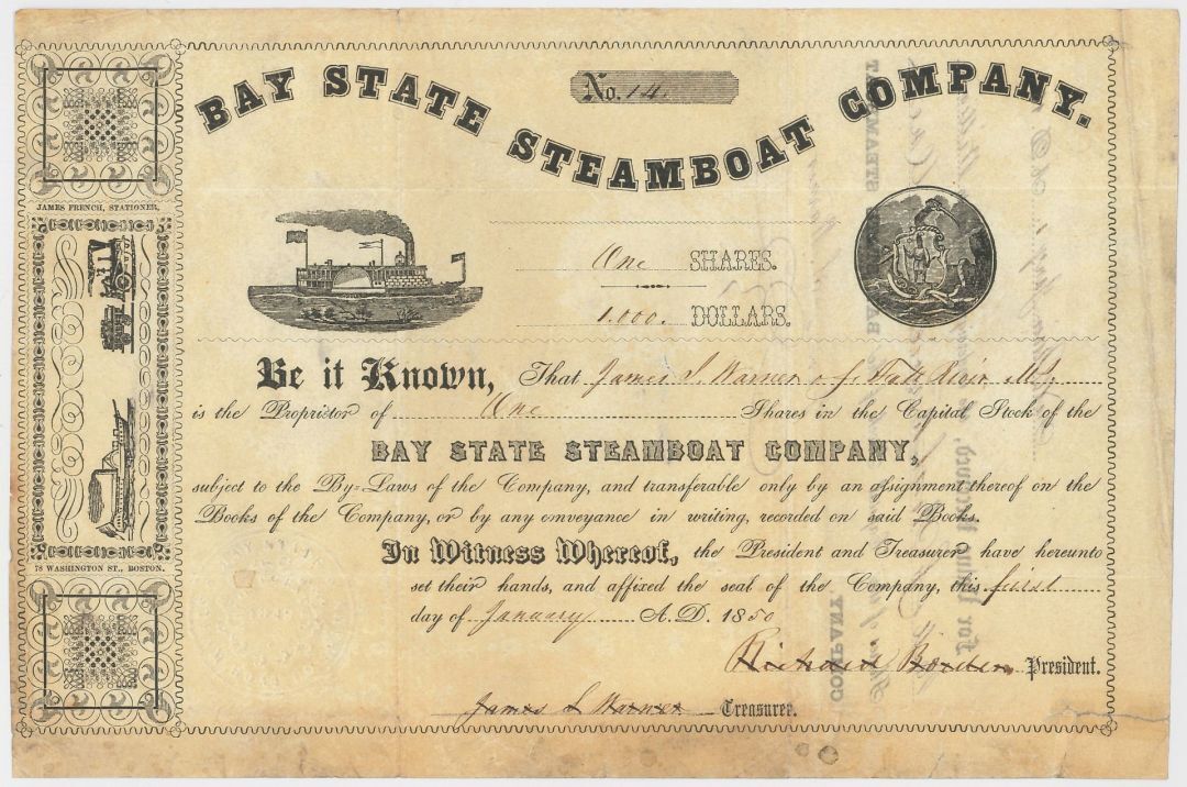Richard Borden signed Bay State Steamboat Co - 1850\'s dated Autograph Stock Cert