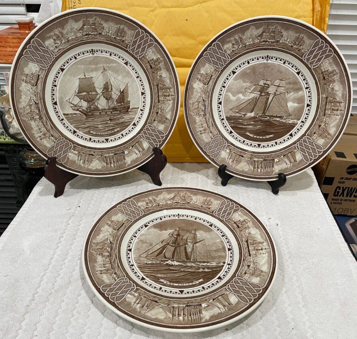 Set of 3 Rare Wedgewood The American Sailing Ships Dinner Plates (1950\'s)