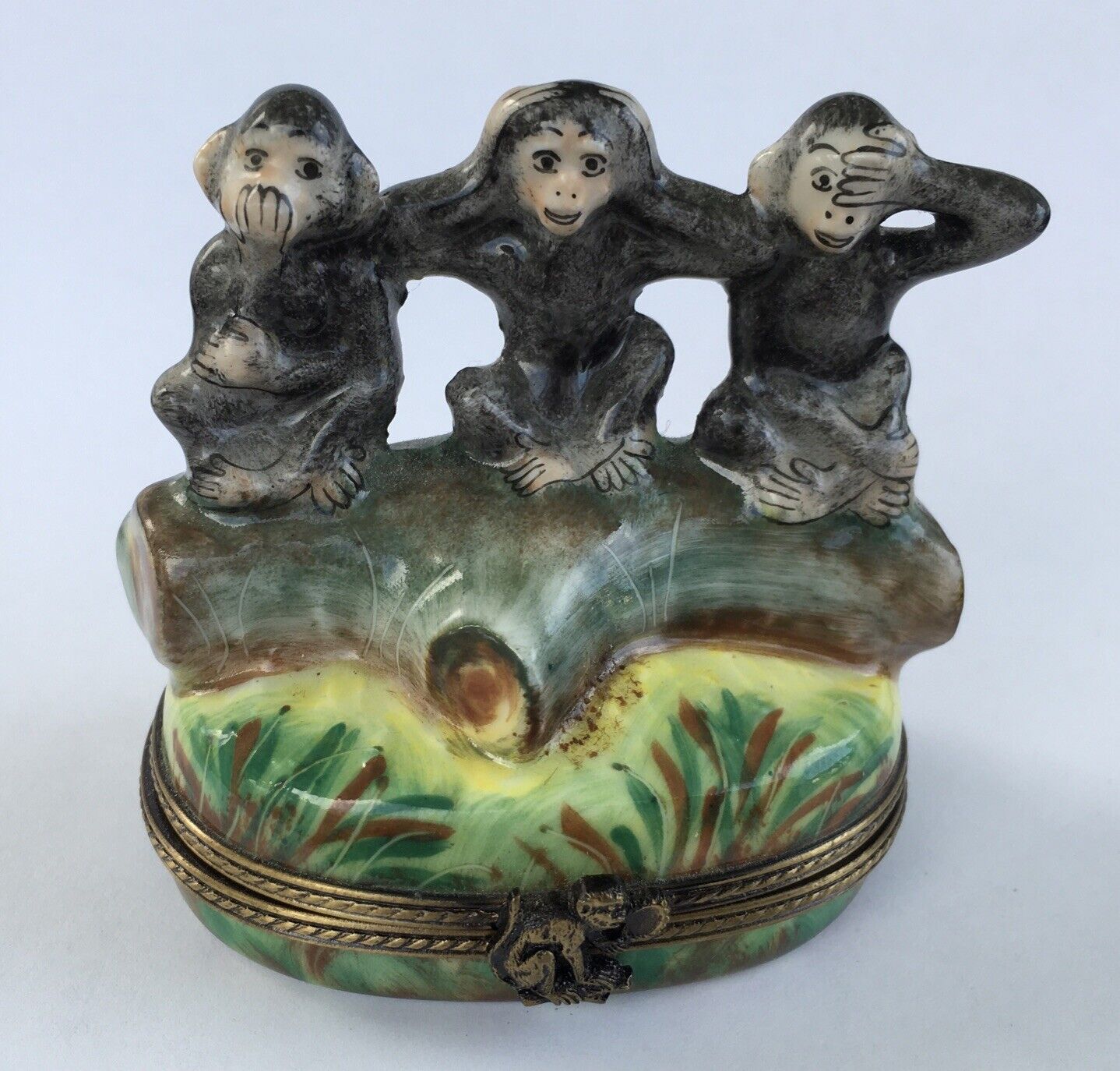 Vintage Limoges Trinket Box 3 Monkeys Speak No Hear No Evil See No Evil