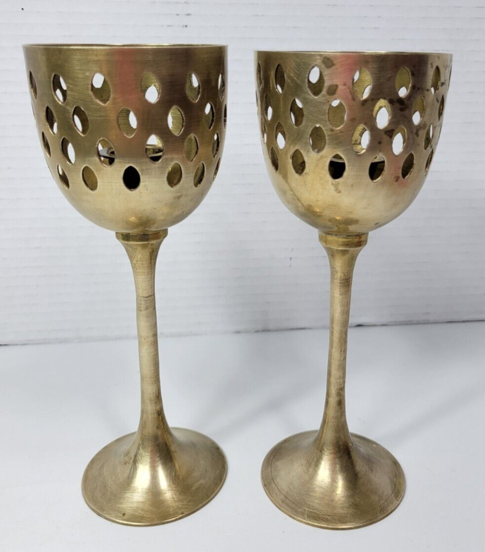 Pair of Vintage Brass Goblet/Chalice Candle Holders Votive or Tapered Candle