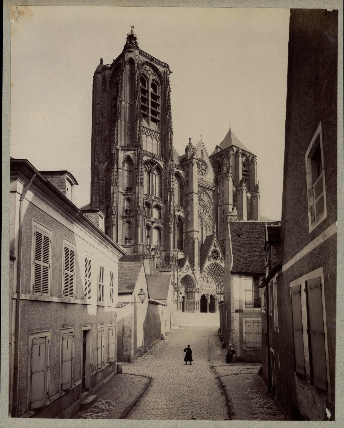 France, Bourges, vintage albumen man with his back in front of Saint-Étienne Cathedral