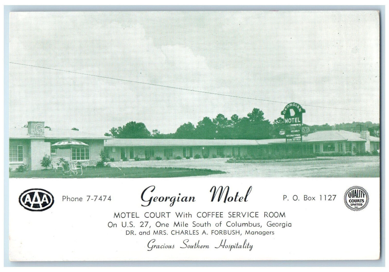 c1940s Georgian Motel, Motel Court with Coffee Service, Columbus GA Postcard