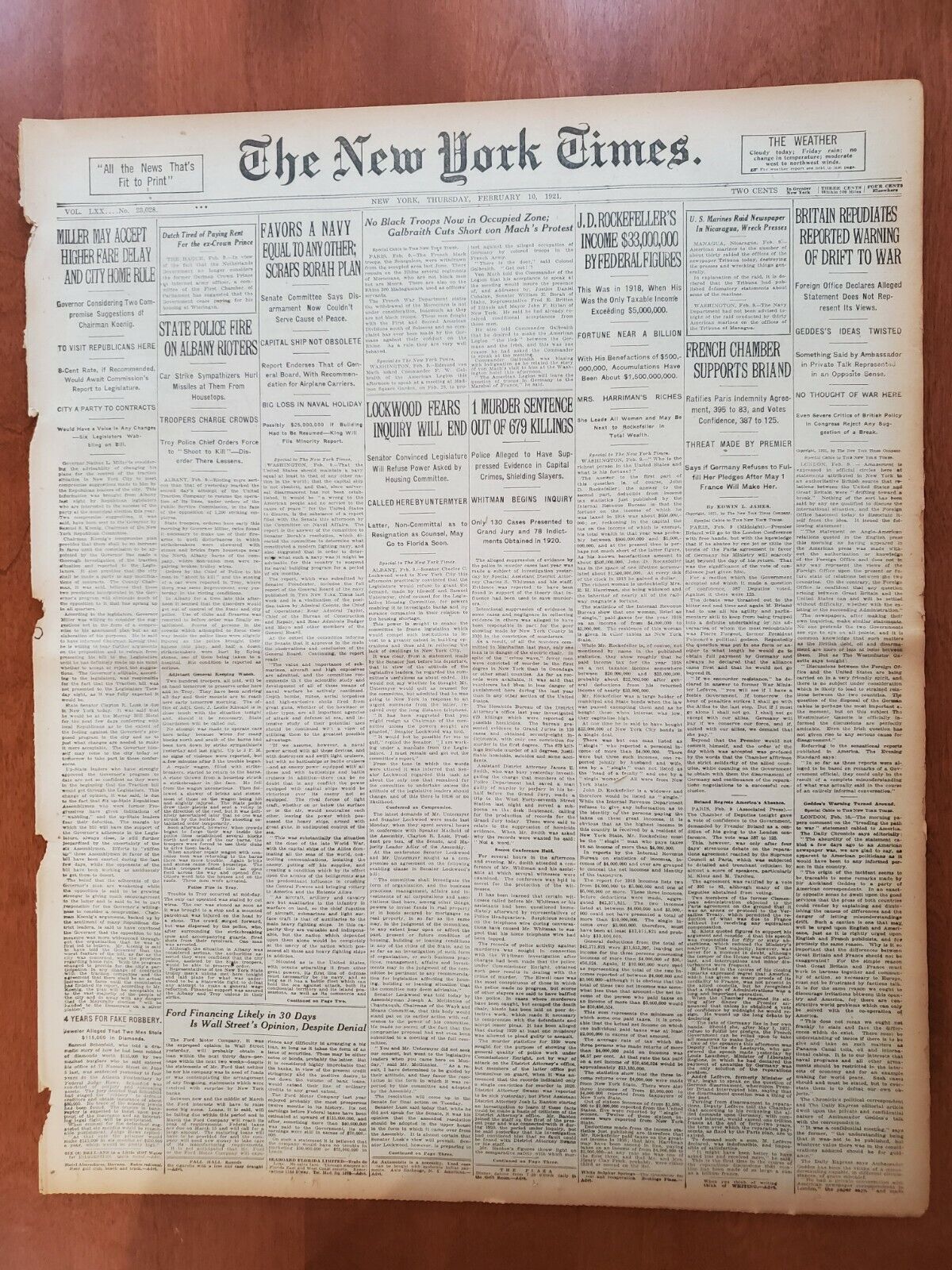 1921 FEBRUARY 10 NEW YORK TIMES -J.D. ROCKEFELLER'S INCOME $33,000,000 - NT 8119