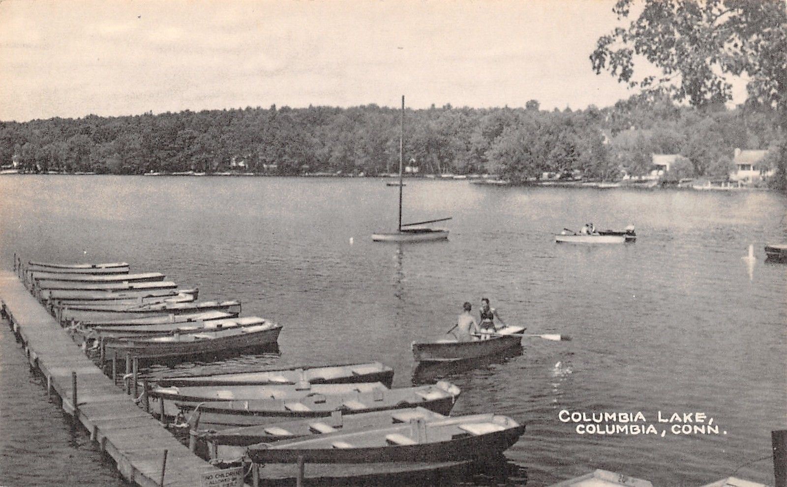 Columbia CT Couple Rowboating~Rowboats on the Dock~B&W 1950s Postcard
