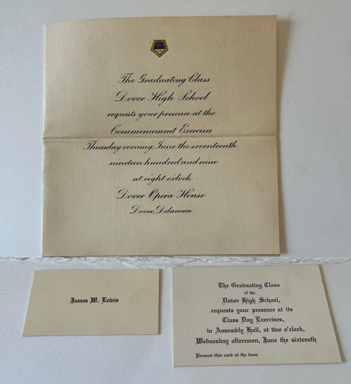 Dover Delaware High School Graduation Invitation James M. Lewis Antique 1909