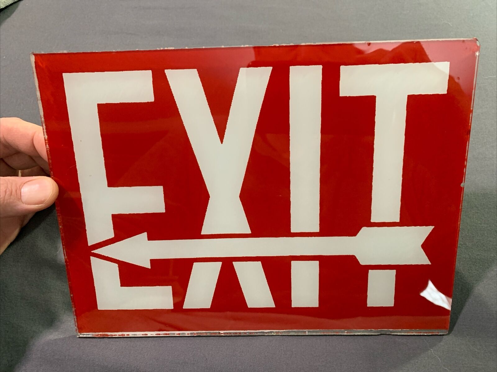 Vintage Original Early Reverse Painted Glass Exit Traffic Directional Arrow Sign