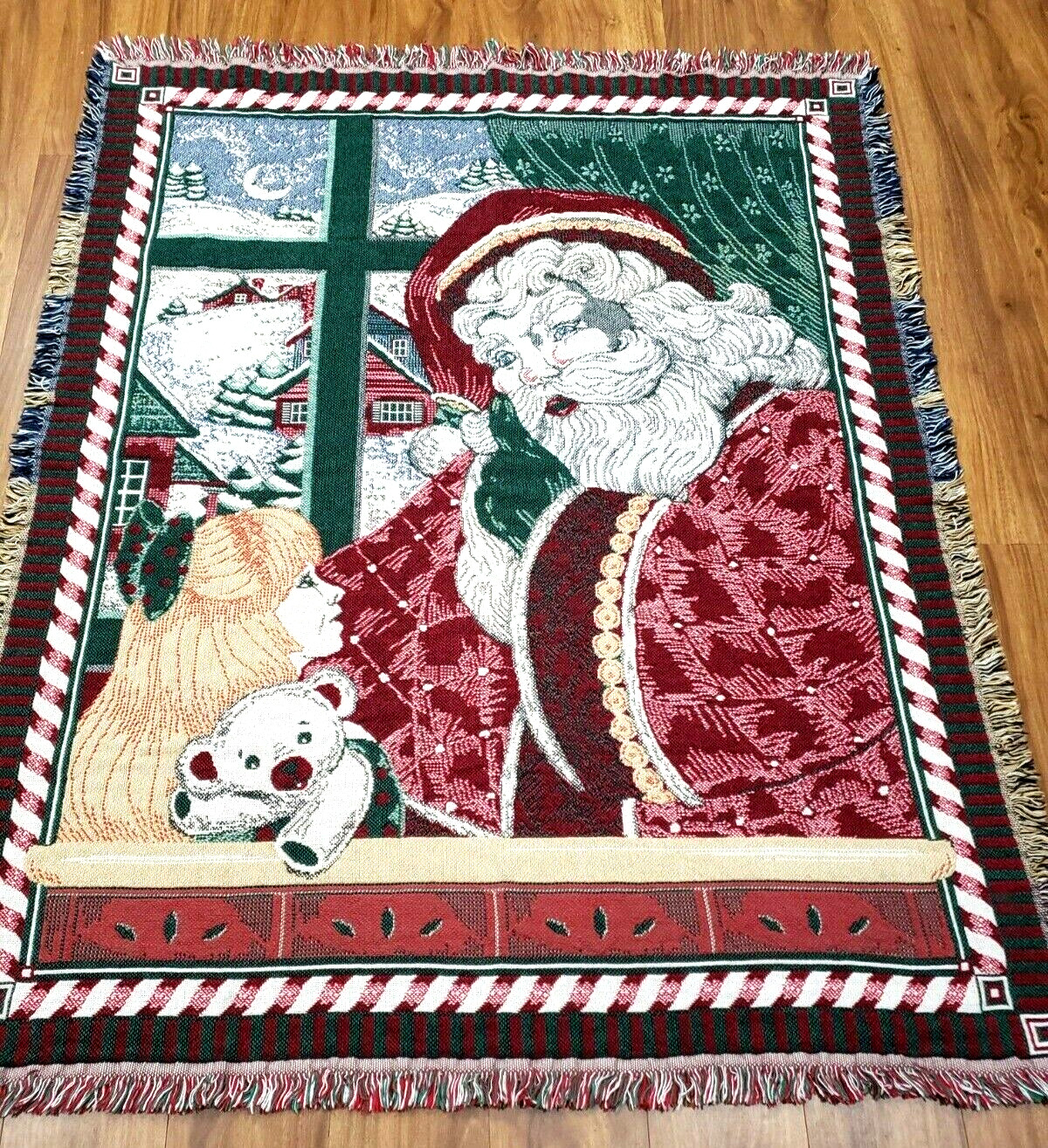 Santa Christmas Throw Blanket Tapestry  60 x 48 Vintage Goodwin Weaver USA 