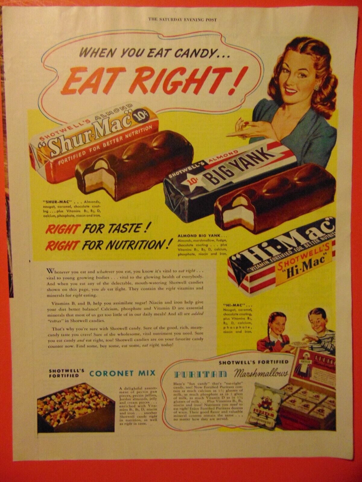 1946 SHOTWELL\'S Candy Bars EAT RIGHT photo art print ad