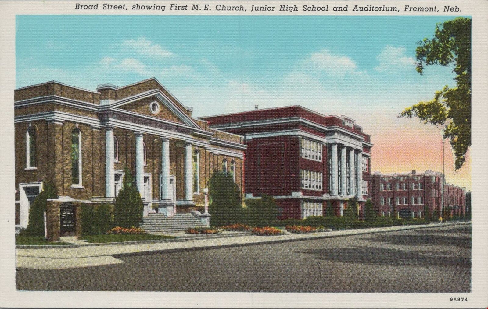Postcard Broad Street Showing First ME Church + Junior High Fremont NE