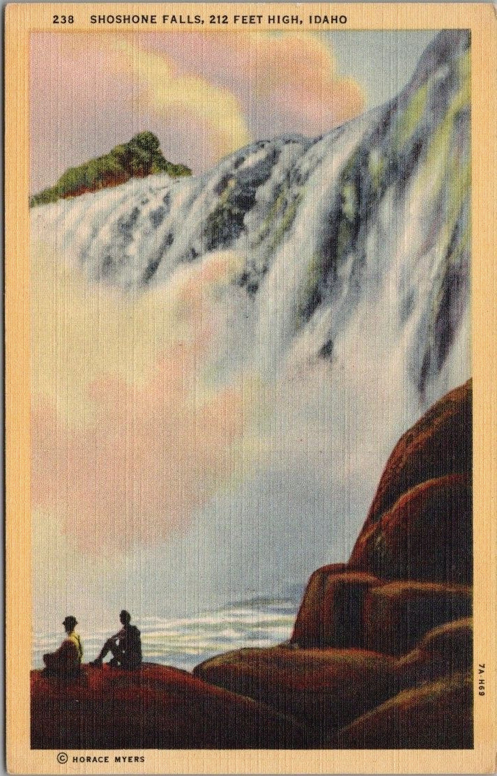 Shoshone Falls Idaho 1937 Men Gazing Pink Clouds Tumbling Water 212 FT High UNP