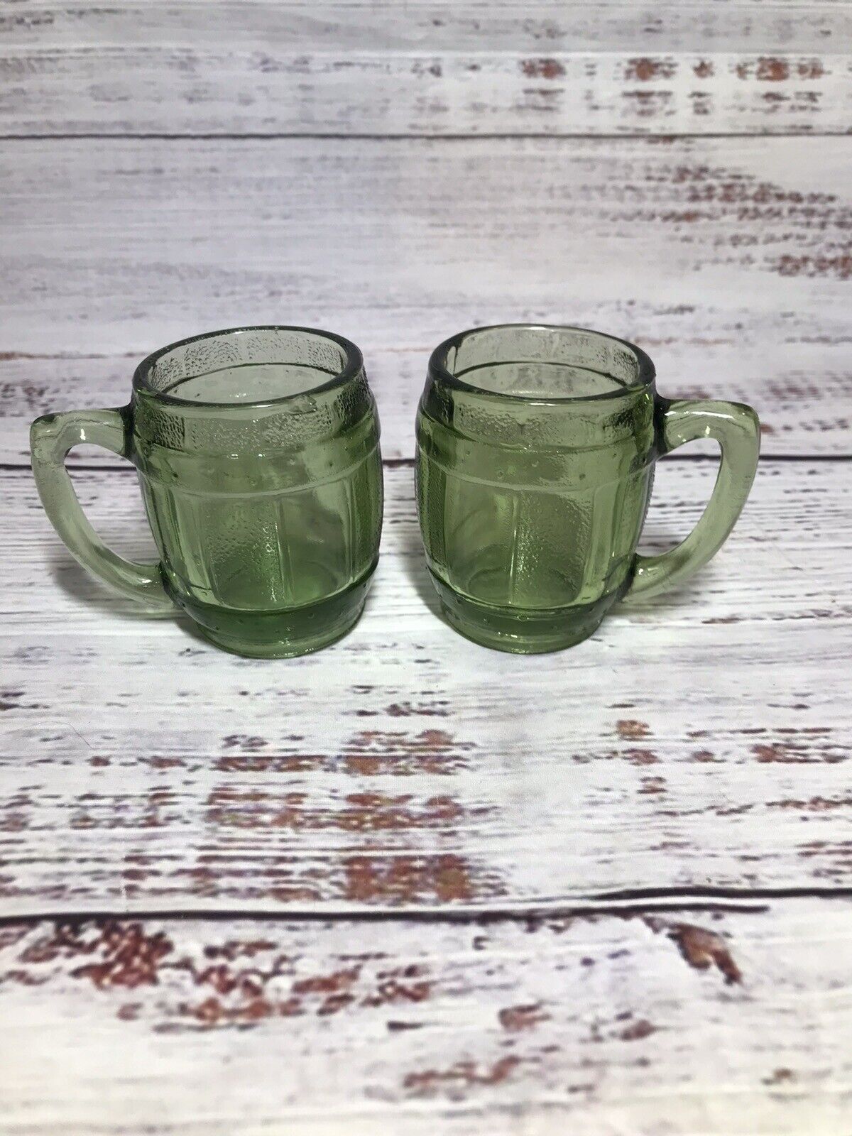 Vintage Pair Green Glass Mini Beer Barrel Mug Toothpick Holder Shot Glass CHIP