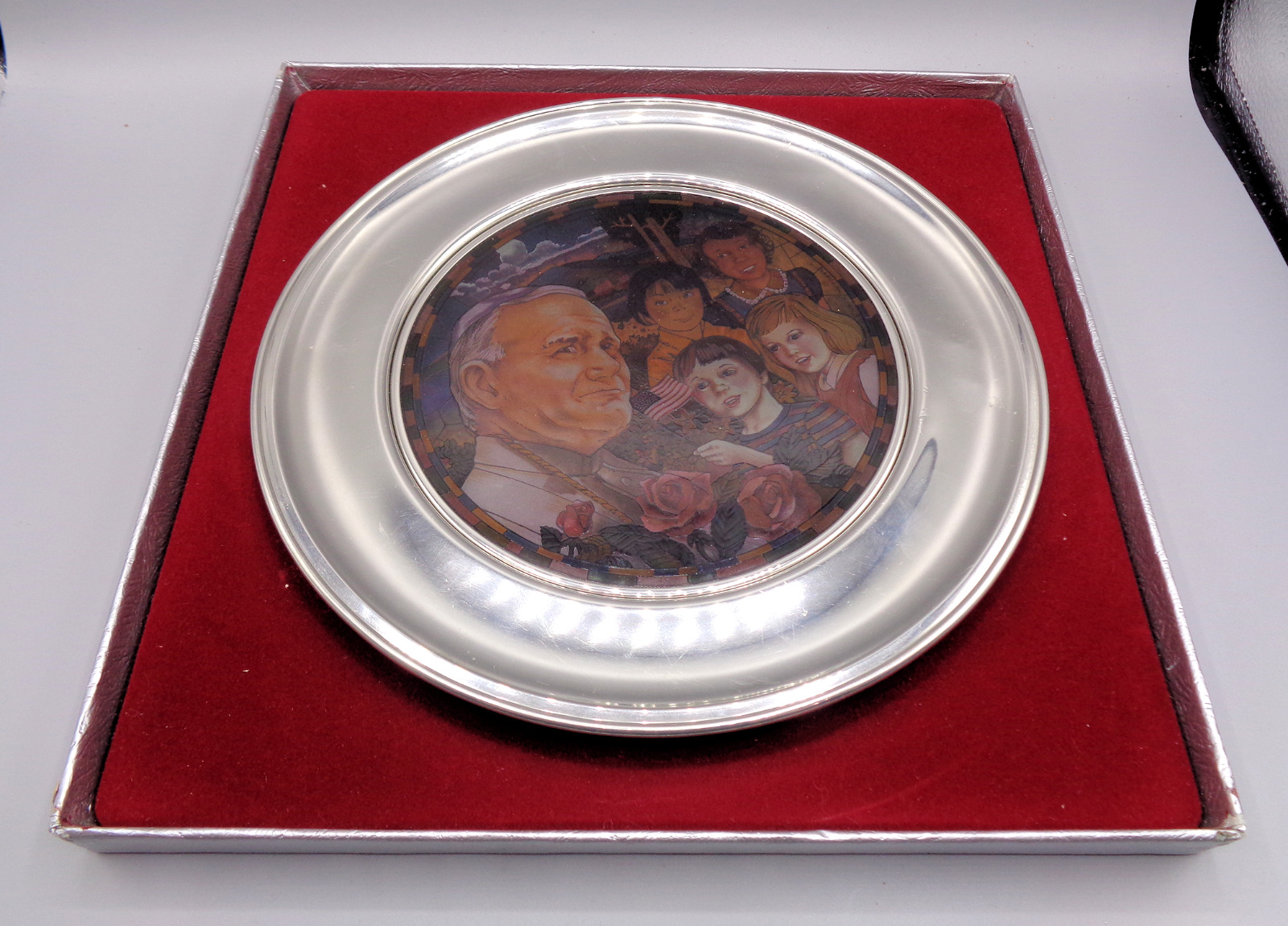 US HISTORICAL SOCIETY 1987 PAPAL VISIT PEWTER PLATE WITH BOX
