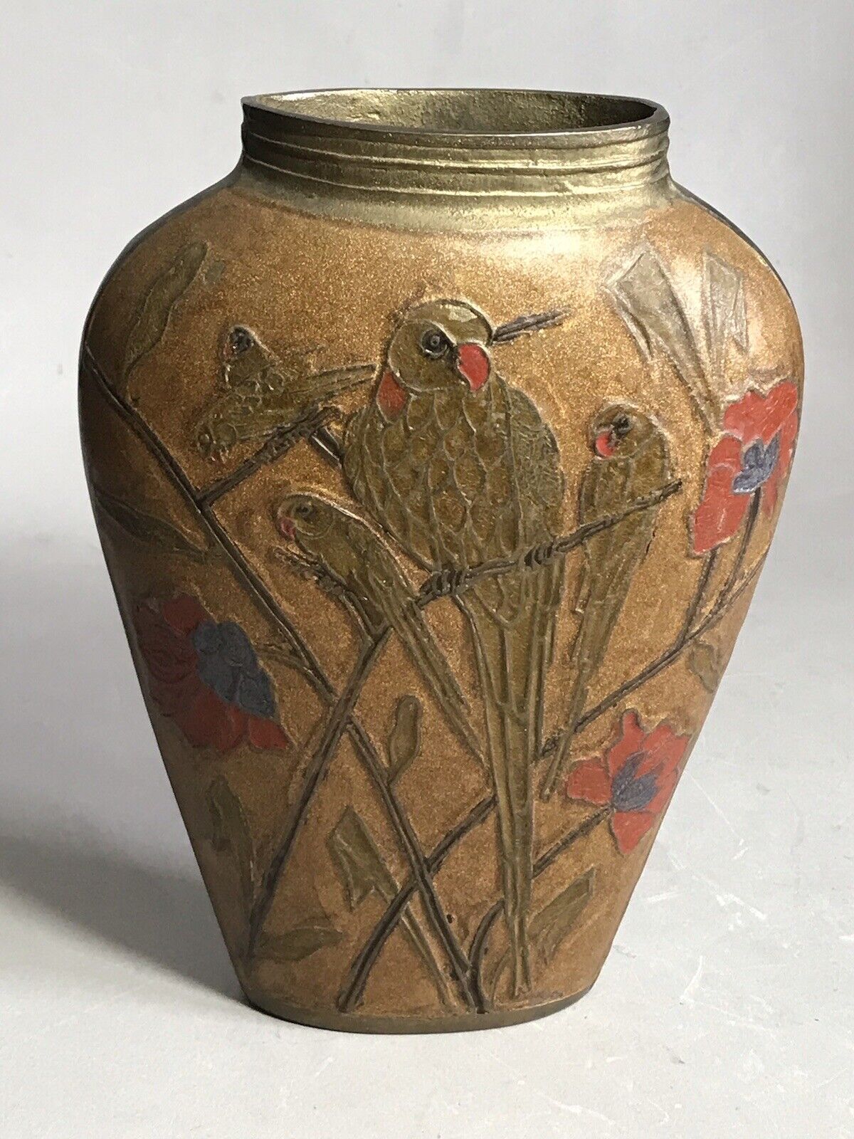 Vintage 20thC Cold Painted BRONZE VASE PARROTS & RED POPPIES Gold Background
